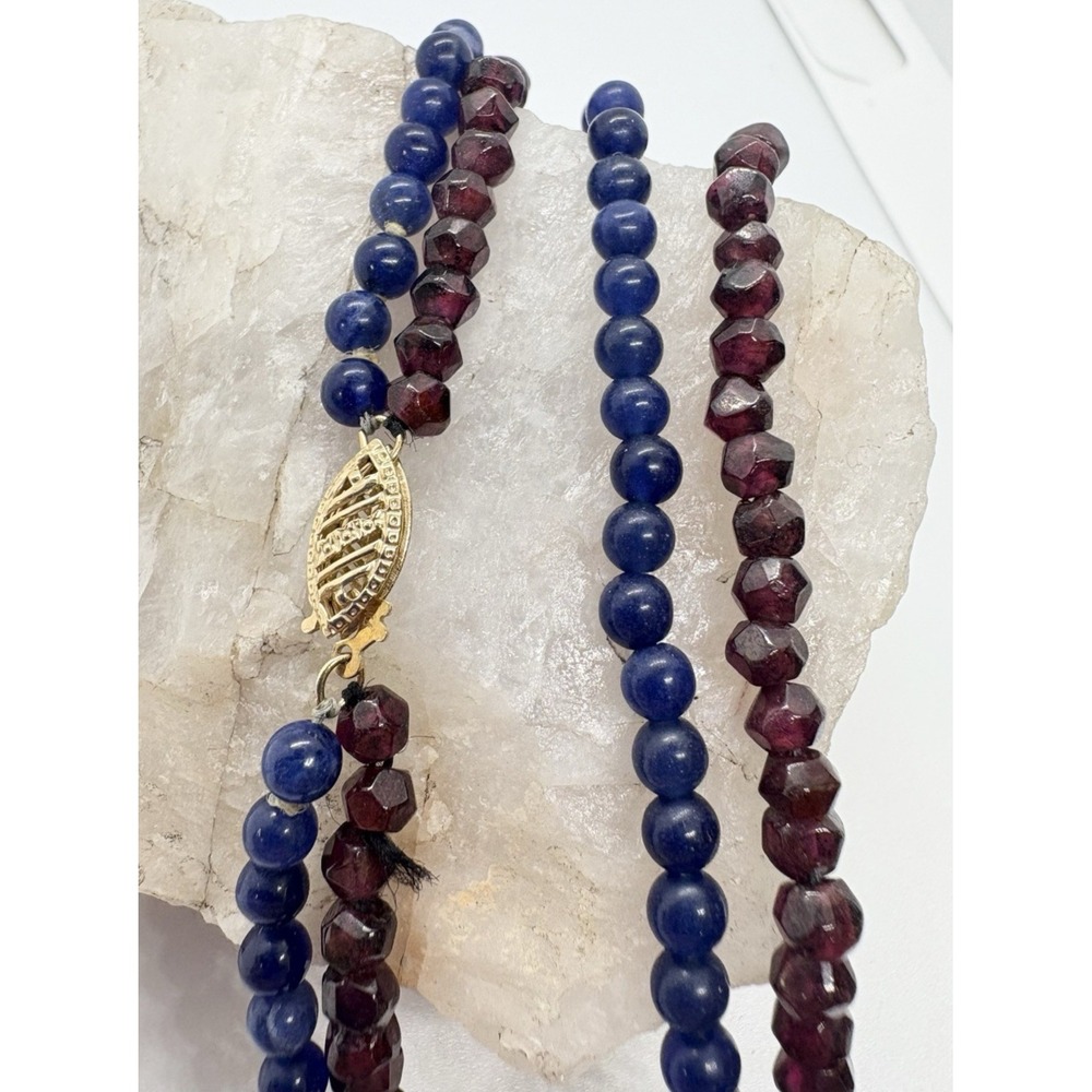 Vintage 14K Gold Clasp Garnet &‎ Sodalite Bead Necklace 18.5" Faceted Gemstones